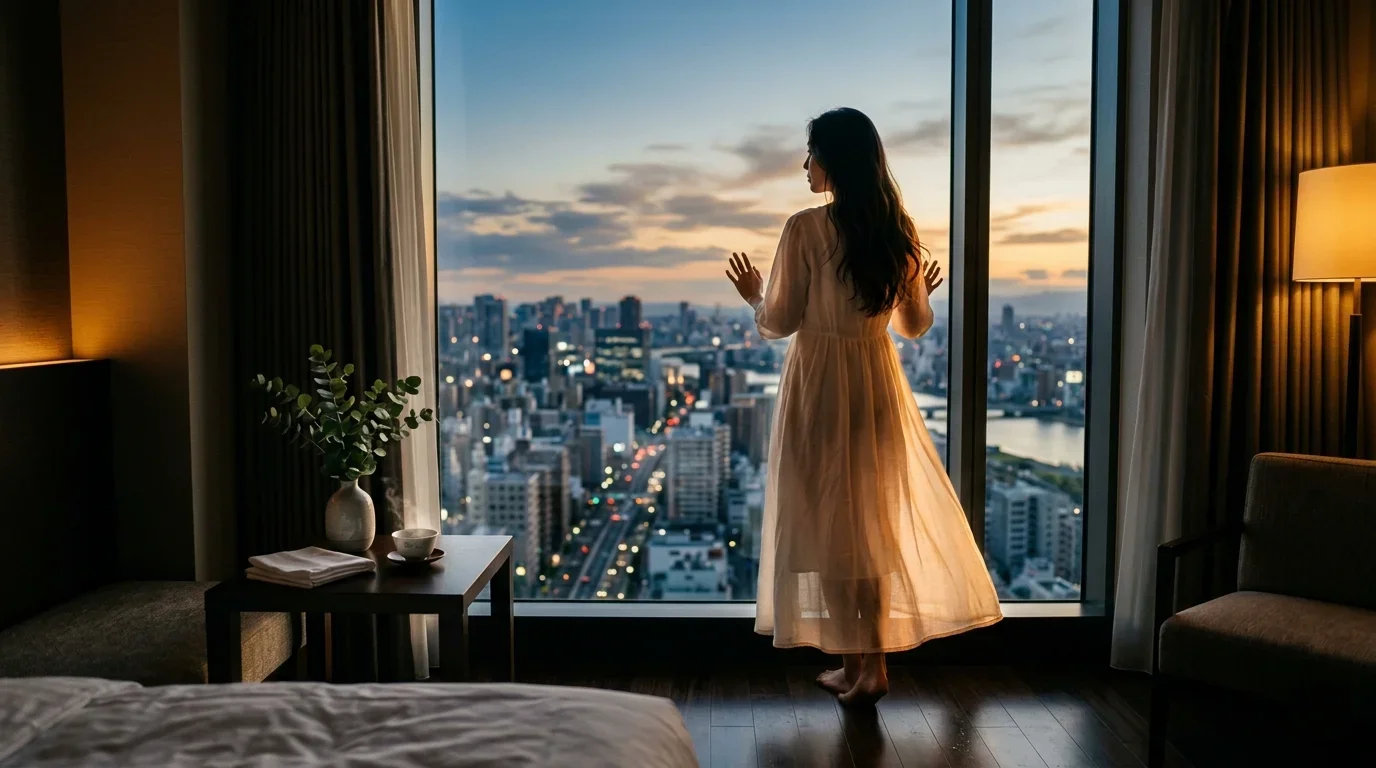 高層ホテルの窓辺で夕暮れの街並みを眺める女性