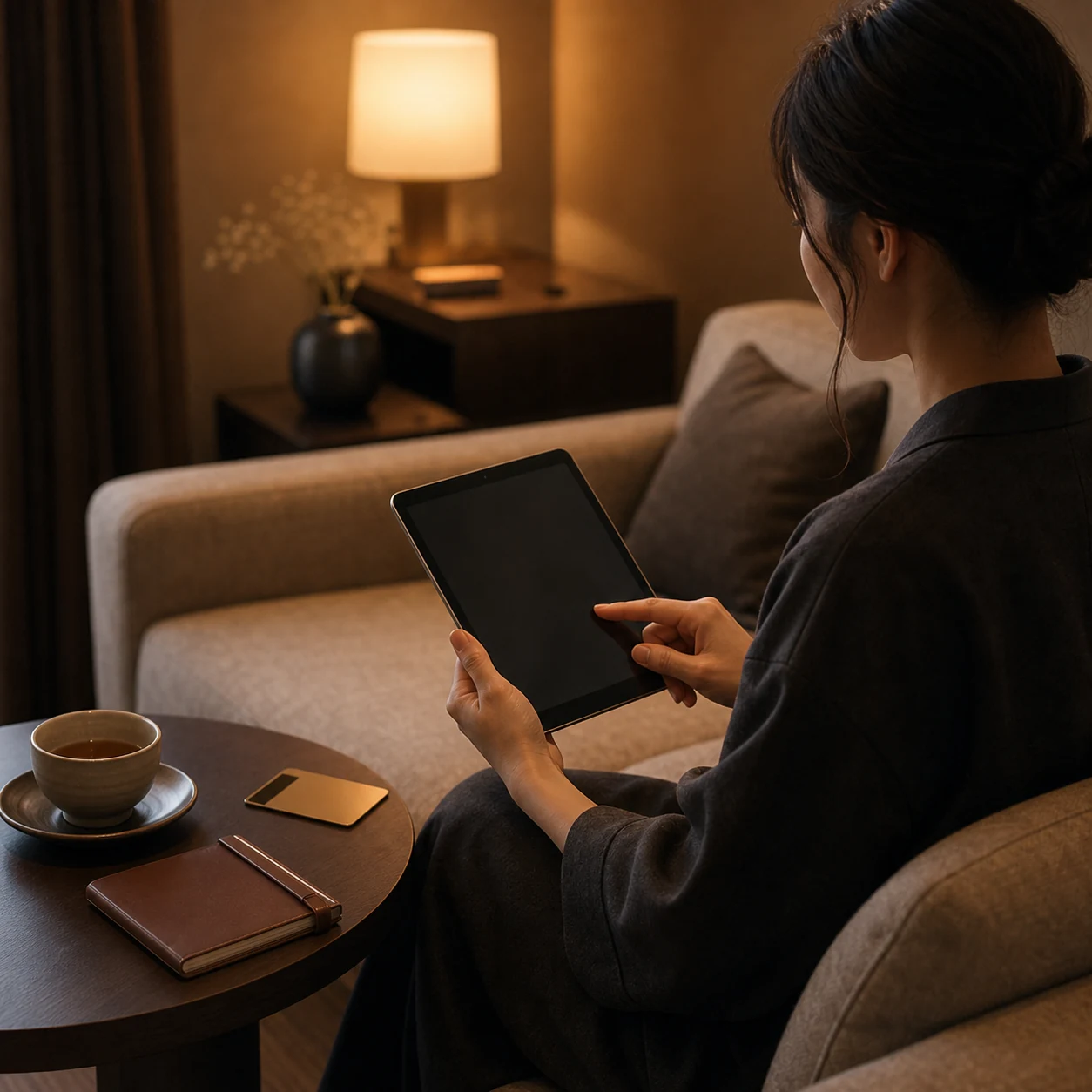 リラックスしてタブレットを眺める女性