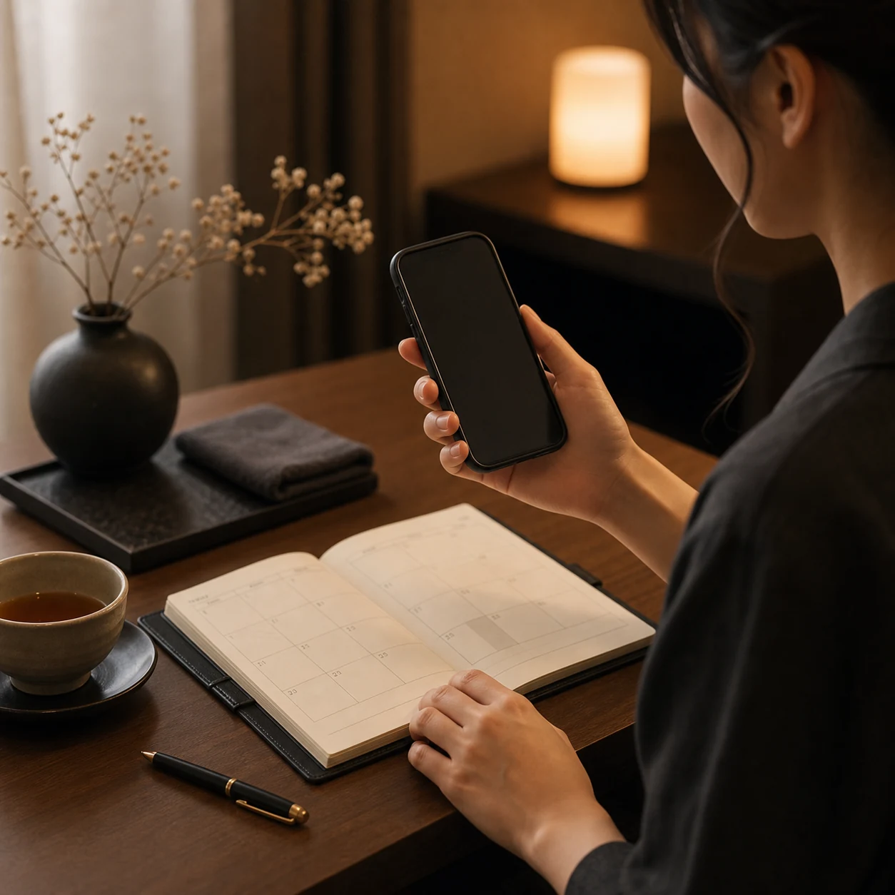 スマートフォンで予約内容を確認する女性の手元