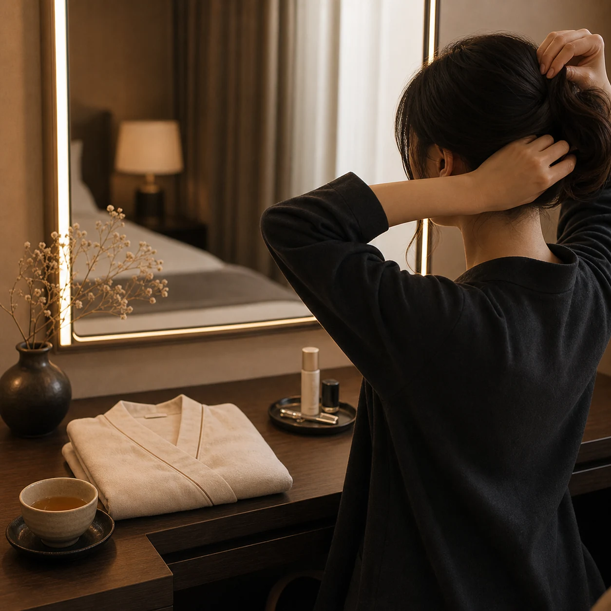 鏡台で長い黒髪を結ぼうとする女性の後ろ姿