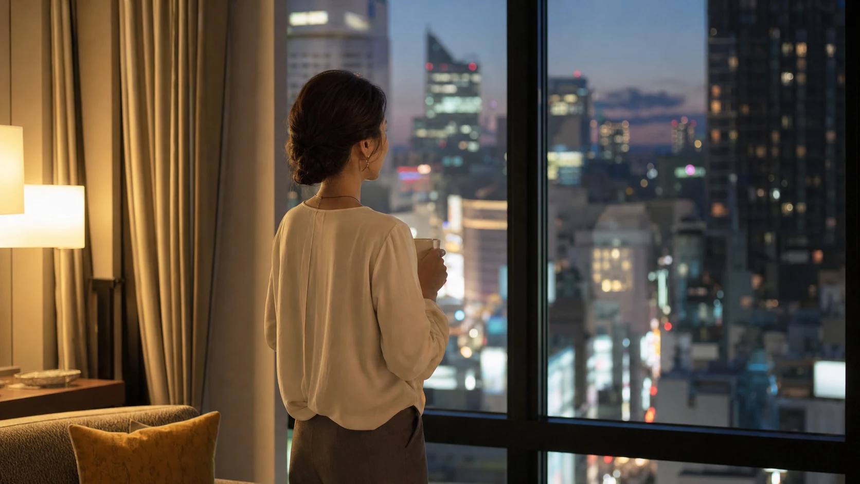 なんばのホテル窓辺で夜景を眺める日本人女性の後ろ姿