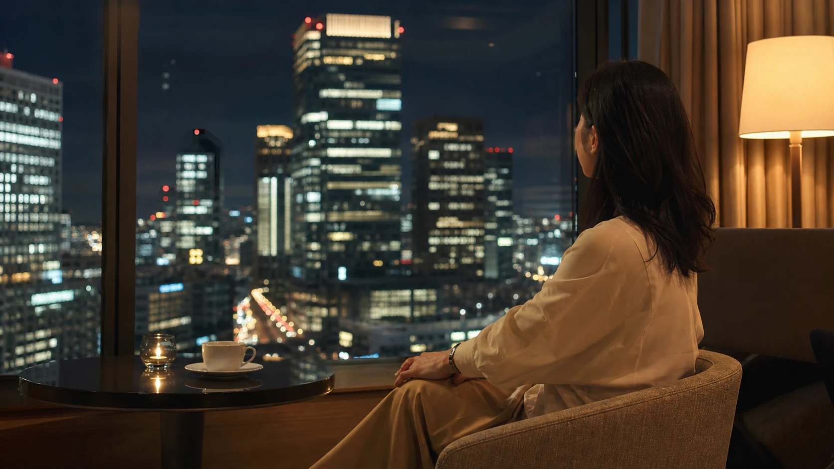 梅田の高層ホテル客室で夜景を眺める日本人女性の後ろ姿